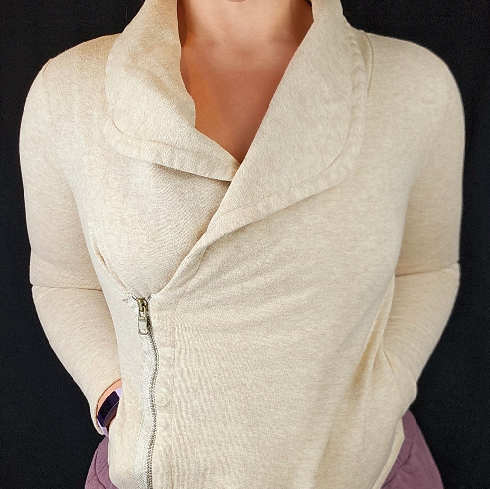 Lou & Grey Womens S Heathered Tan Assymetrical Moto Zip Jacket Sweatshirt